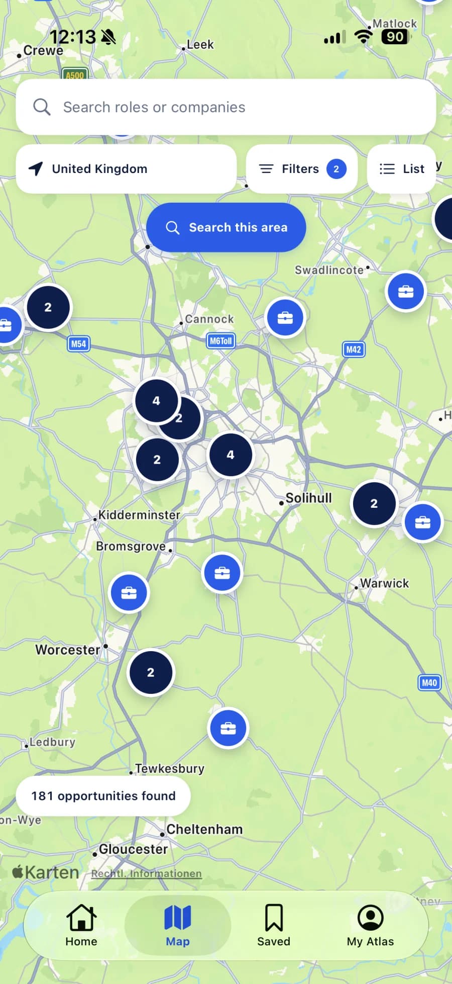 Map search with apprenticeship opportunities in the selected area.